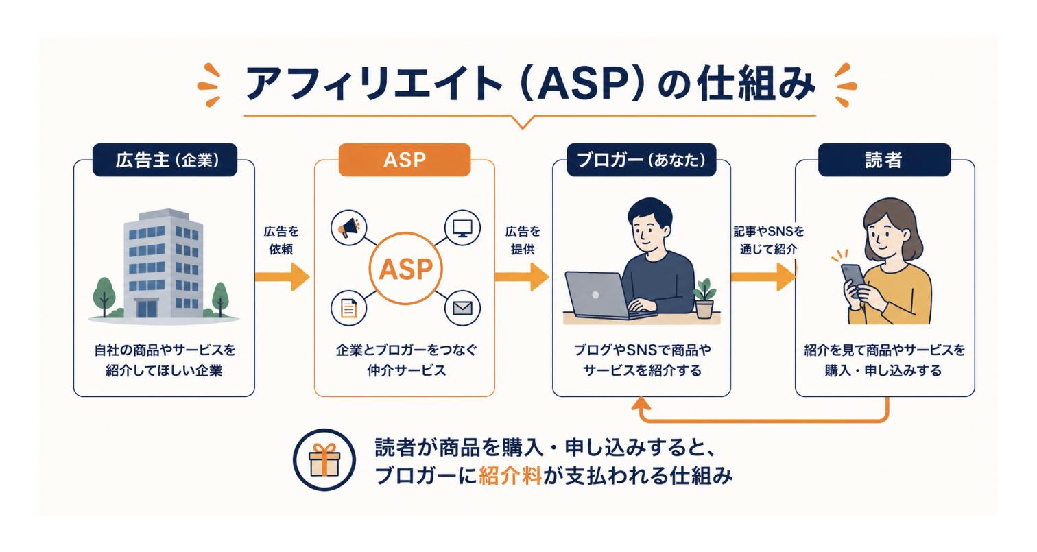 アフィリエイト（ASP）の仕組みの図解