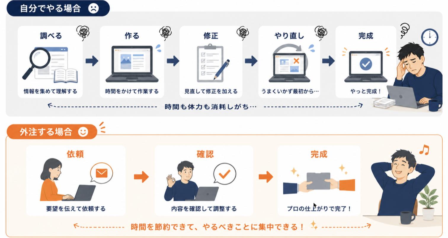 自分でやる場合と外注する場合の作業フロー比較