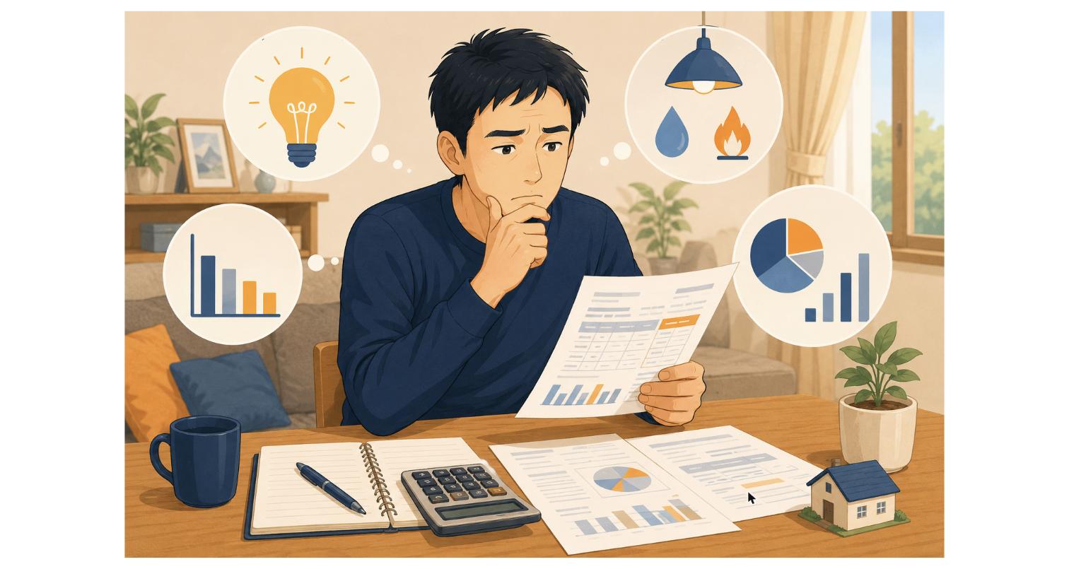 電気代の明細を見て考え込む40代会社員