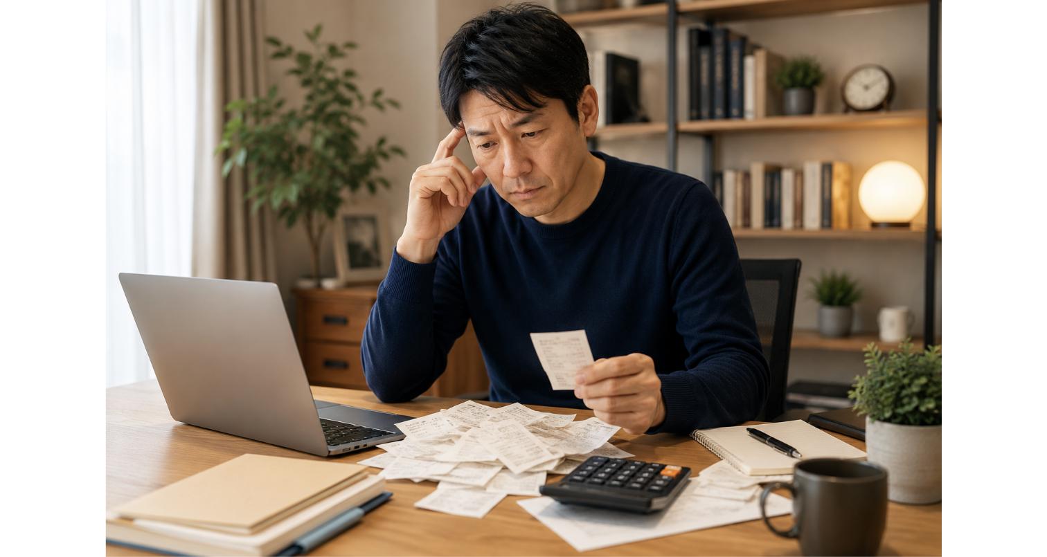 自宅のデスクでレシートを見ながら確定申告に悩む40代会社員