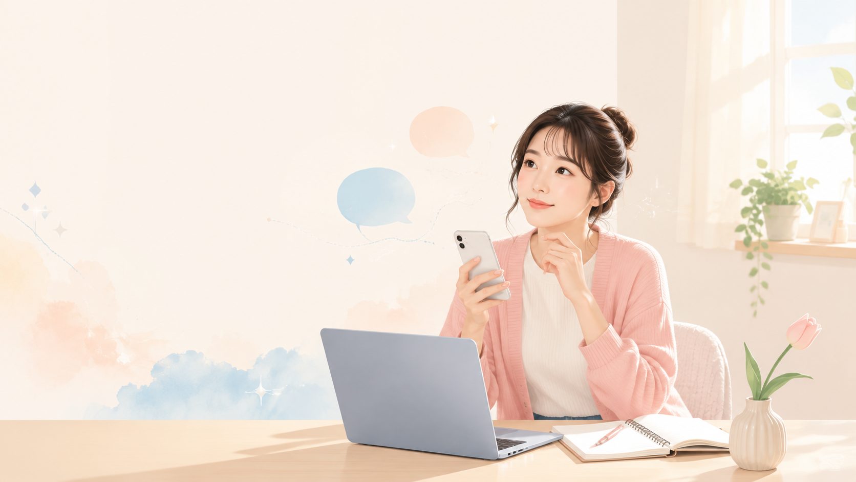 スマホとパソコンでAI副業を試すユイのイメージ